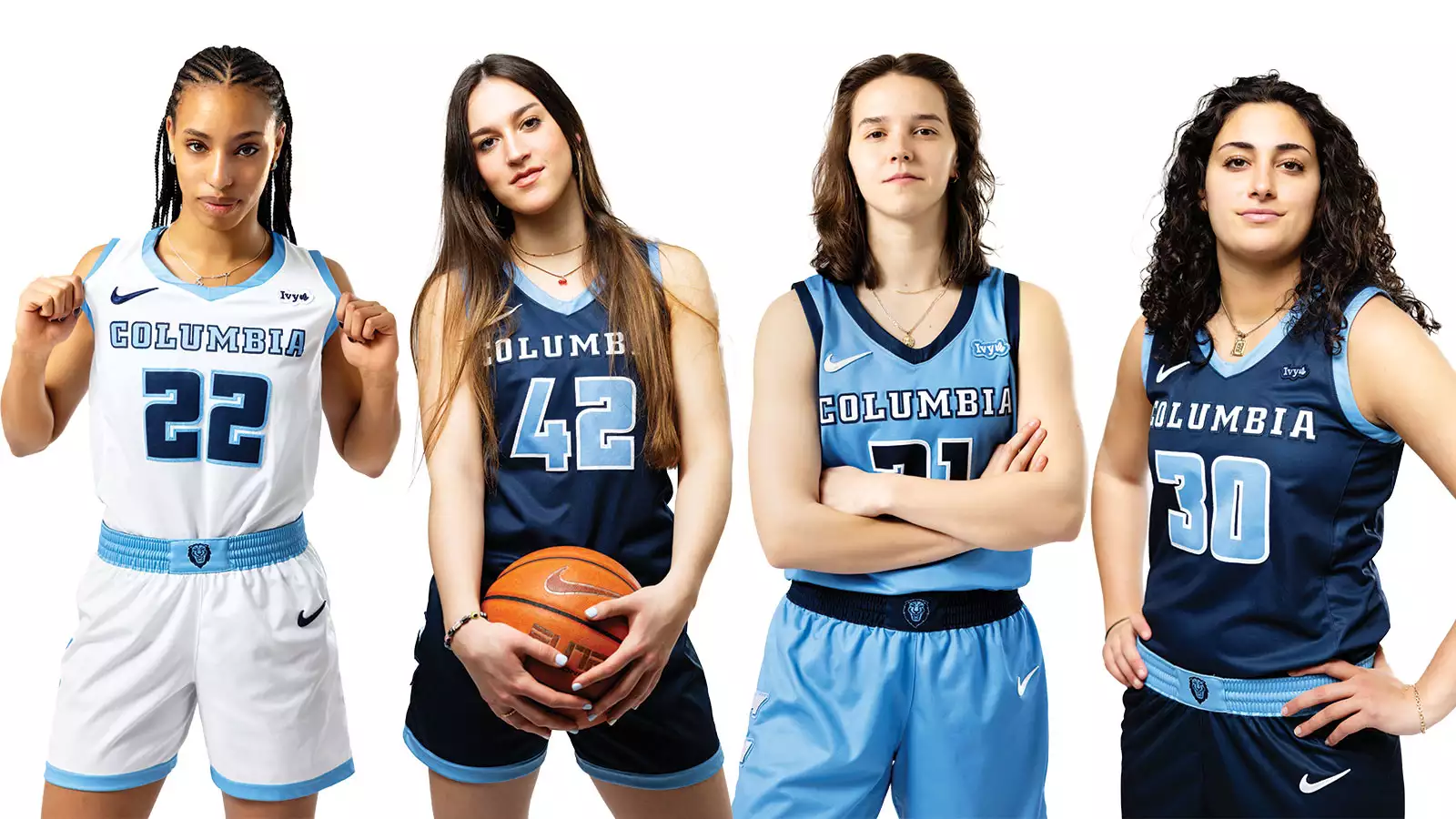 The Barnard Basketball contingent for the Columbia Lions features four women in uniform